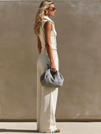 Sporty Retro Off-White Cotton Half-Zip Top And Frayed Pants Set