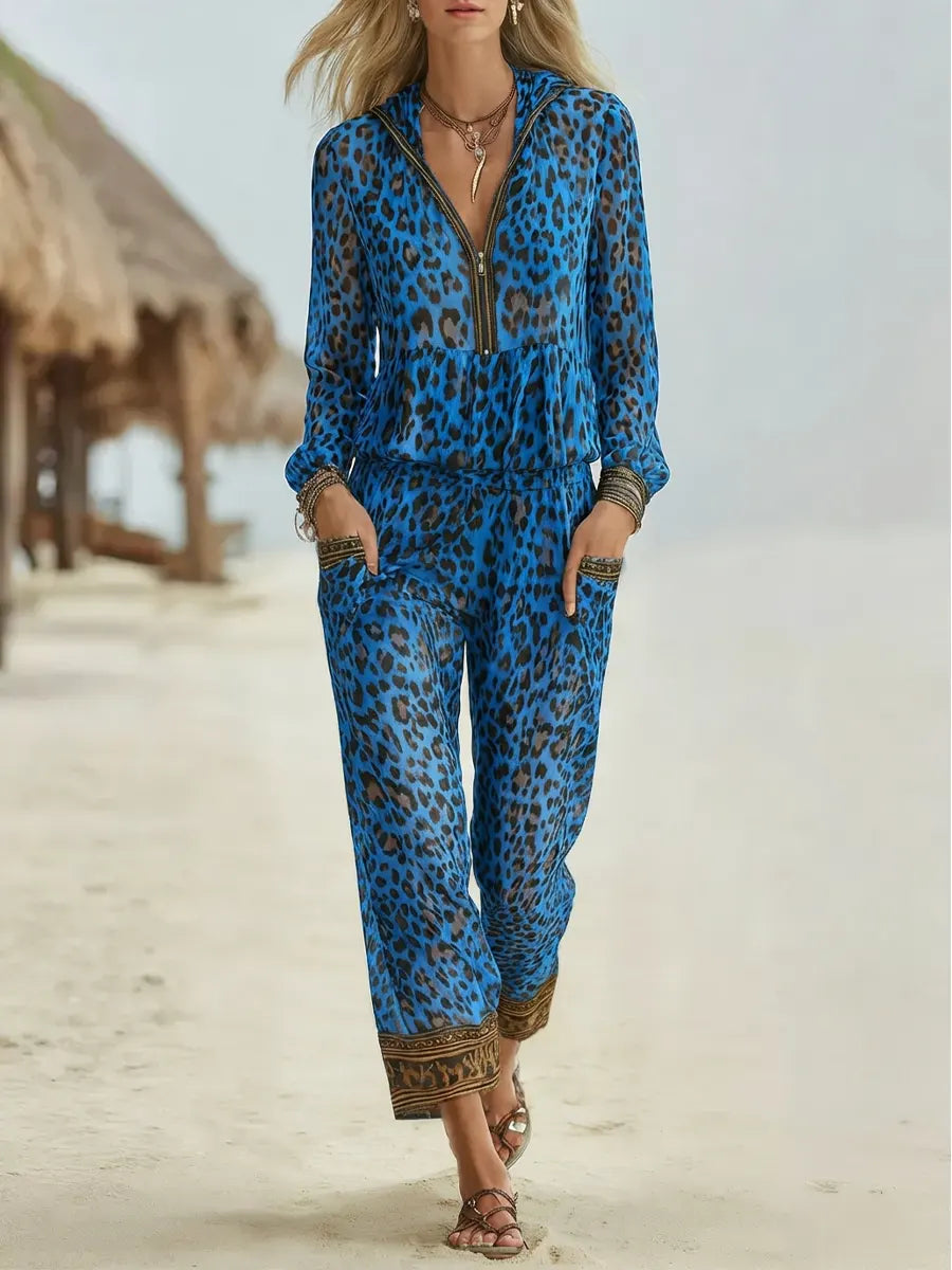 Women's Retro Leopard Art Print Hooded Zip Casual Jumpsuit