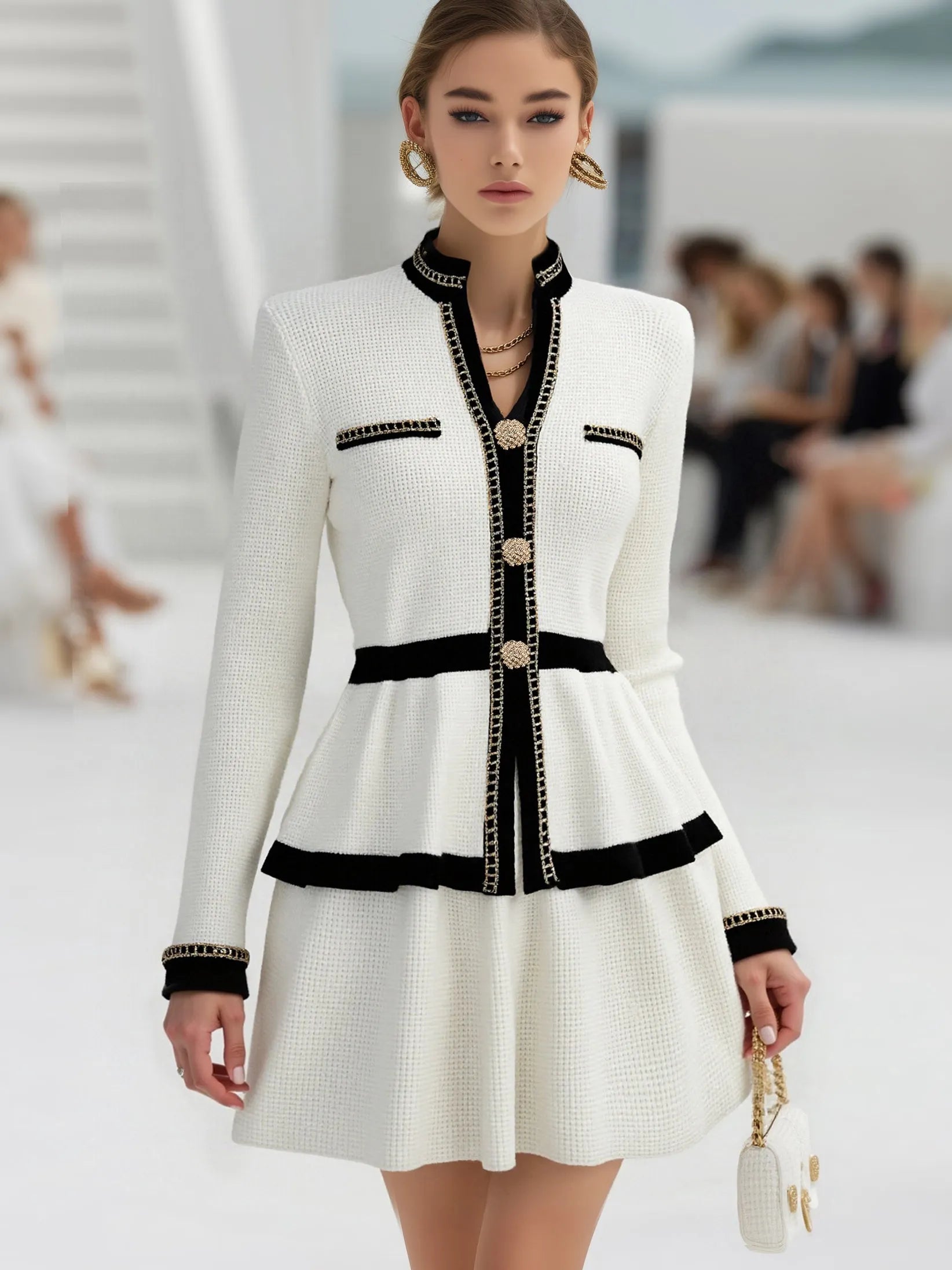 【24-hour shipping out】Elegant Urban High Quality Long Sleeve Top And Pleated Skirt Two Piece Set