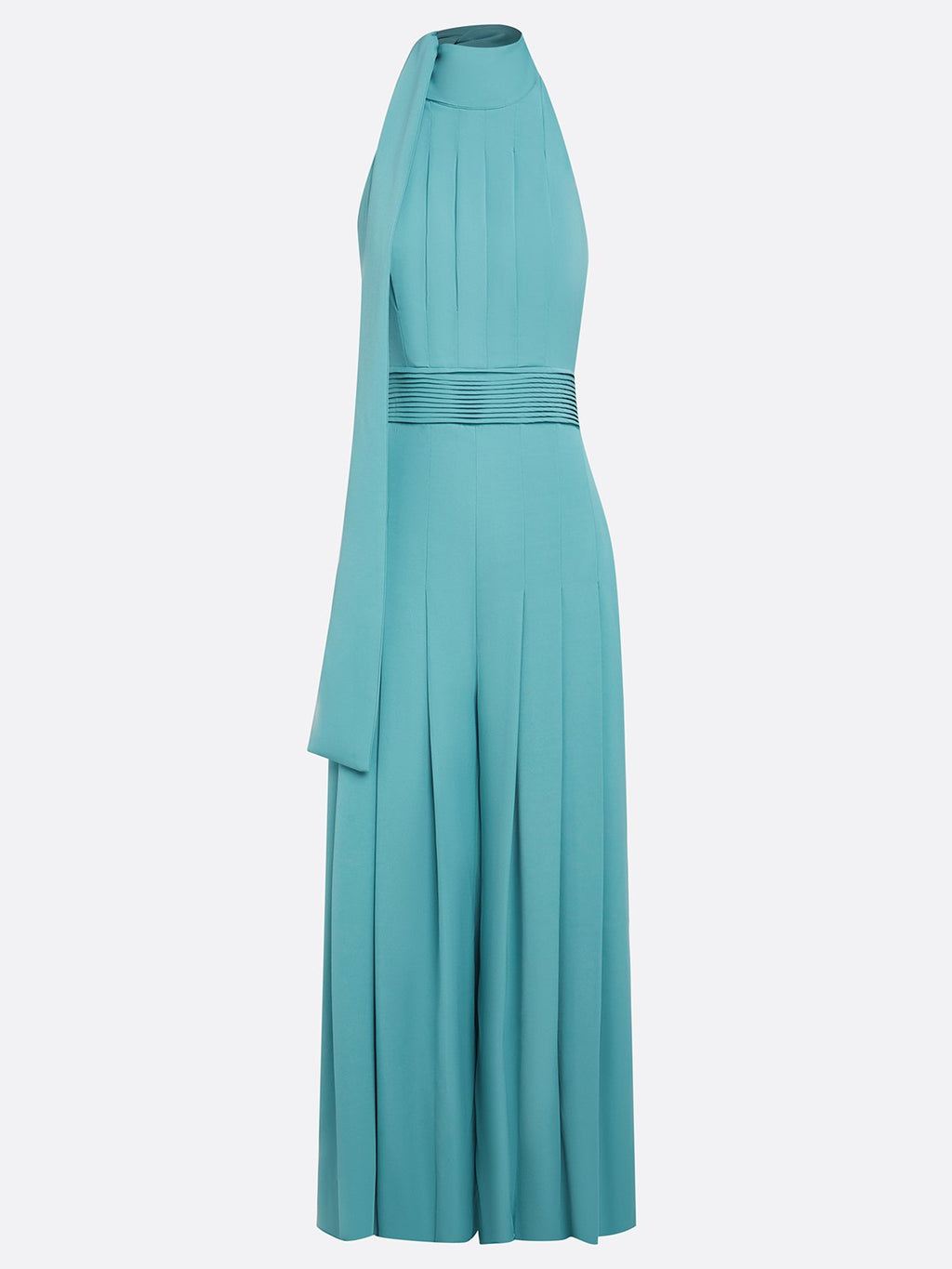 Women Cyan Ruched Halter Mock Neck Sleeveless Dressy Jumpsuit