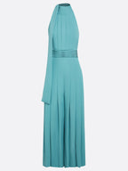 Women Cyan Ruched Halter Mock Neck Sleeveless Dressy Jumpsuit