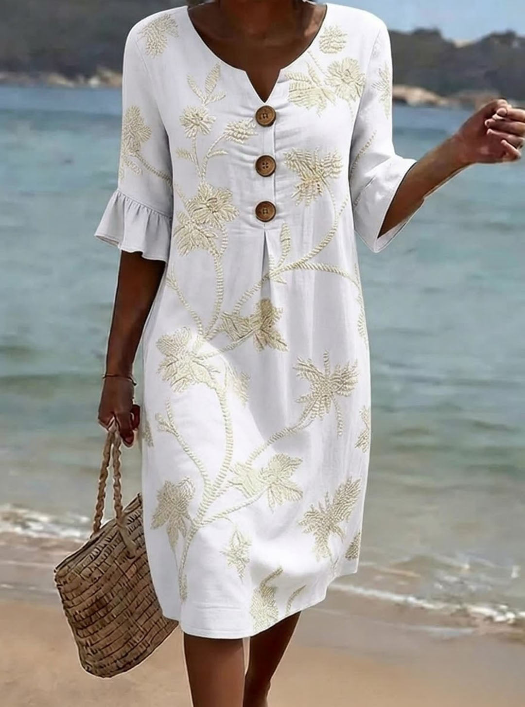 Women's Floral Print Casual Cotton-Linen Dress