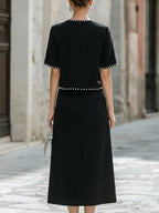 Elegant Pearl-Trimmed Two-Piece Midi Skirt Set