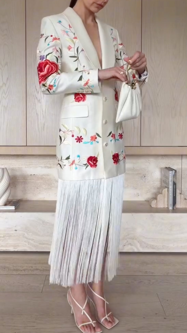 White Floral Embroidered Blazer Dress