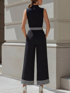 High-Neck Contrast Stripe Belted Wide-Leg Jumpsuit