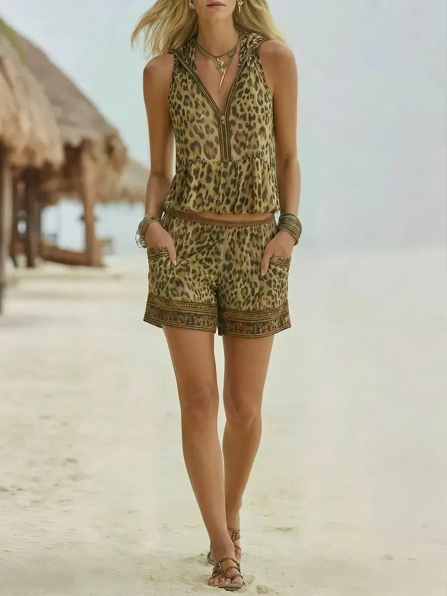 Women's Retro Leopard Art Print Hooded Casual Top And Pants Suits