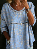 Women's Vintage Flower Casual Loose Denim Blouse Shirt