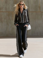 Sporty Retro Striped Black Lace Long-Sleeve Shirt And Pants Set
