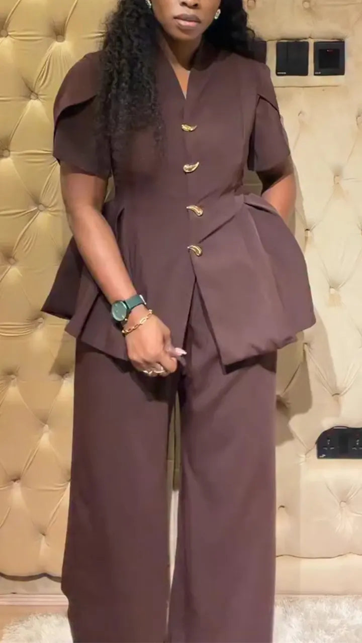 Womens V-neck Top + Pants Casual Outfit with Temperament