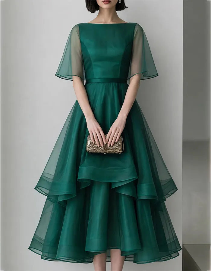 Emerald Green Sheer Cape Sleeve Multi Tier Ruffle Organza Midi Dress