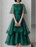 Emerald Green Sheer Cape Sleeve Multi Tier Ruffle Organza Midi Dress