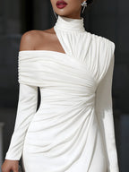 Asymmetric Draped High-Neck One-Shoulder Evening Dress