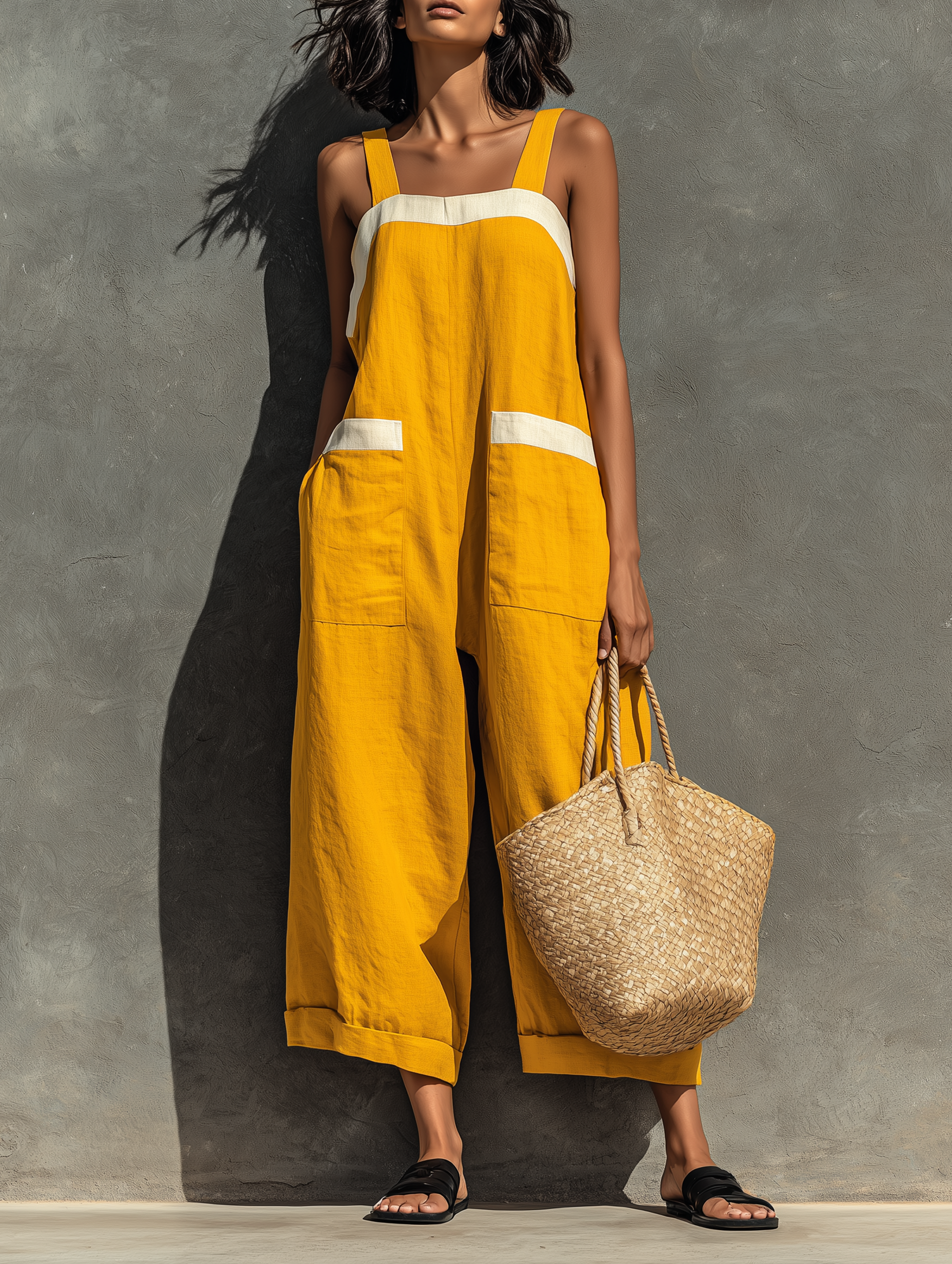 Women's Color-blocked Casual Cotton And Linen Jumpsuit