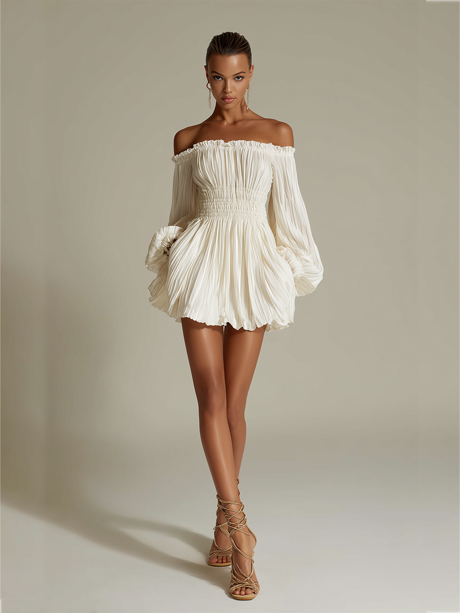 Women's Ivory Pleated Dress With Off-Shoulder Neckline & Ruched Waist, Timeless Sexy-Elegant Style Dress MDZ1305B8I