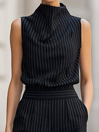 Sleeveless High-Neck Pinstripe Wide-Leg Two-Piece Set