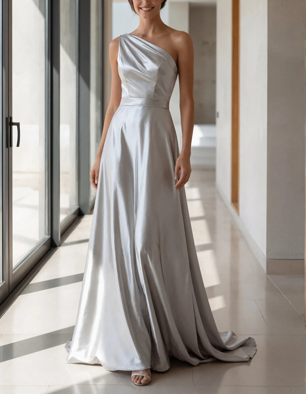 Silver Satin Shoulder Maxi Dress