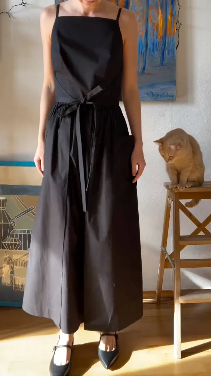 Square Neck Strap Midi Linen-Blend Dress
