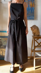 Square Neck Strap Midi Linen-Blend Dress