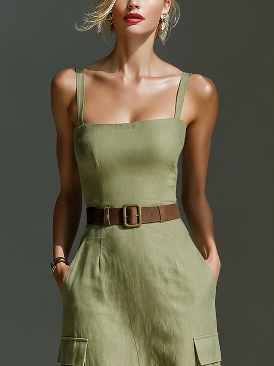 Women's Olive Green Linen Fabric Sleeveless Midi Dress With Cargo Pockets & Belted Waist MDZ2753A1T