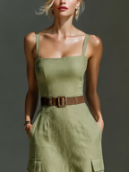 Women's Olive Green Linen Fabric Sleeveless Midi Dress With Cargo Pockets & Belted Waist MDZ2753A1T
