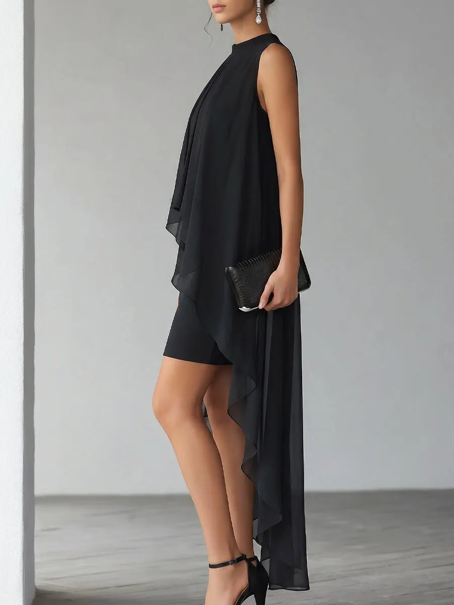 Asymmetrical Layered Chiffon Overlay Cocktail Dress