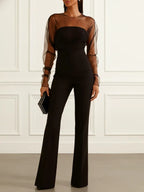 Women Black Mesh Crew Neck Long Sleeve Dressy Jumpsuit