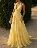 Pale Yellow Halter 3D Floral Chiffon A-Line Maxi Formal Dress