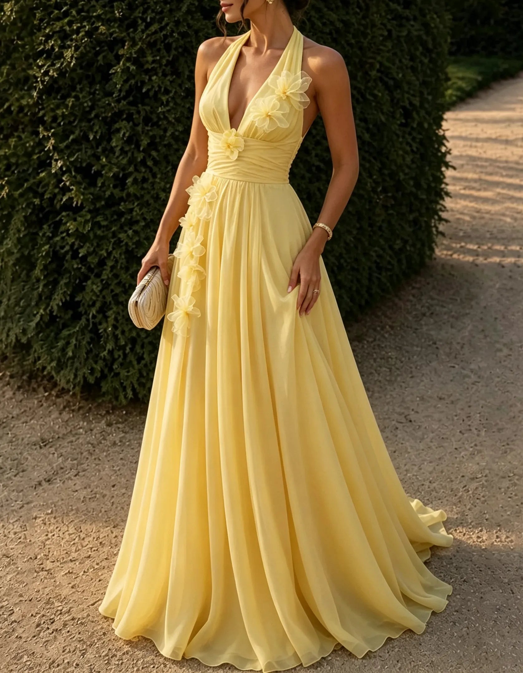 Pale Yellow Halter 3D Floral Chiffon A-Line Maxi Formal Dress