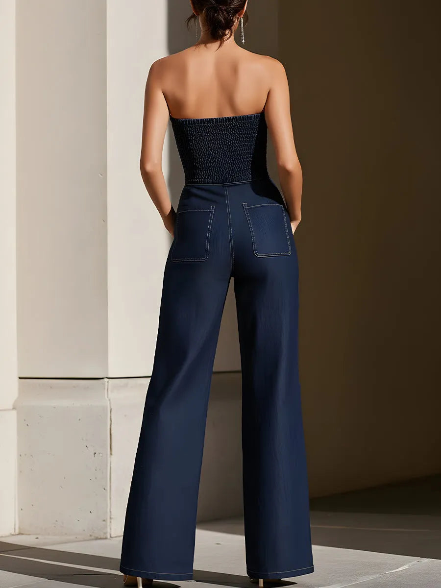 Dark Denim Strapless Wide-Leg Jumpsuit