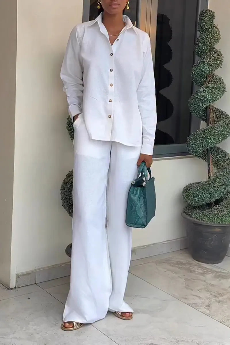 Women Collar Side Slit Shirt + Wide Leg Pants Casual Set