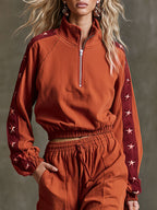 Casual Sporty Retro Five-Pointed Star Brick Red Pure Cotton Sweatshirt And Pants Set