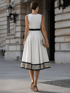 Contrast Waist Leopard Hem A-Line Midi Dress