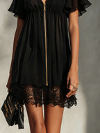 Black Zip-up V-neck Lace-trimmed Ruffled Mini Dress