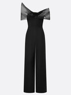 Women Black Mesh Rhinestone V Neck Short Sleeve Elegant Jumpsuit
