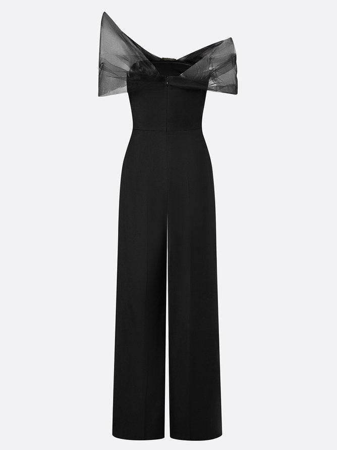 Women Black Mesh Rhinestone V Neck Short Sleeve Elegant Jumpsuit