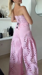 Eyelet Lace Strapless Crop Top & Flared Pant Co-Ord