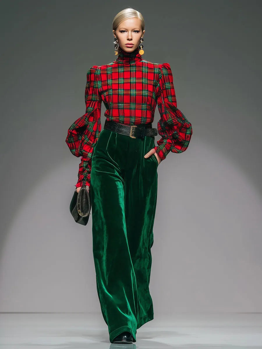 Trendy Retro Plaid Velvet Turtleneck Long-sleeved T-shirt And Wide-leg Pants Set