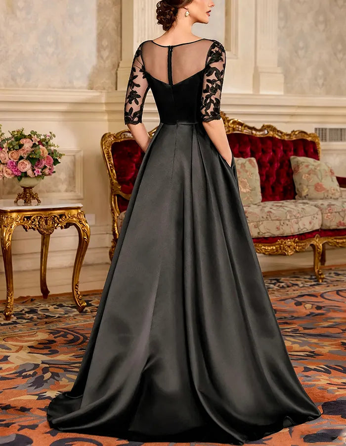 Black Illusion Lace 3/4 Sleeve High Slit Pocket Satin A-Line Maxi Dress