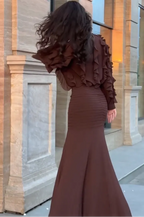Brown Ruffle Long Sleeve Top & Ribbed Mermaid Maxi Skirt Two-Piece Set