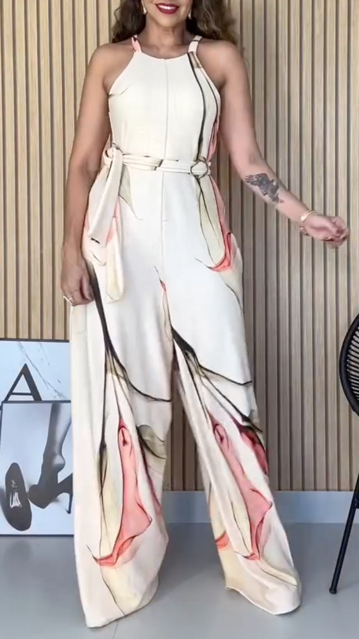 Halter Neck Abstract Print Wide Leg Jumpsuit