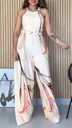 Halter Neck Abstract Print Wide Leg Jumpsuit