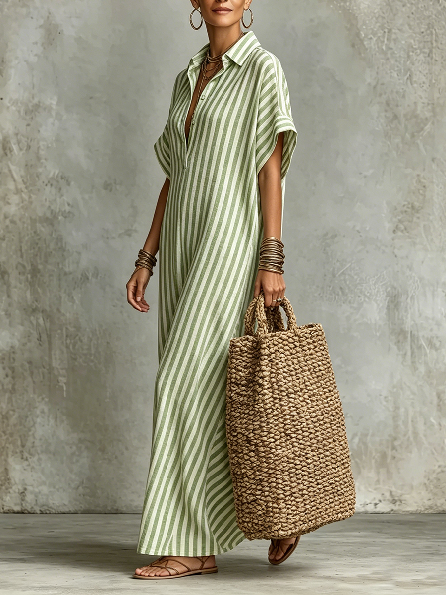 Cozy Classic Striped Cotton-linen Maxi Dress