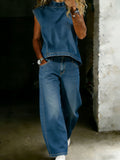 Women’s Retro Casual Denim Sleeveless Top And Pants Set.