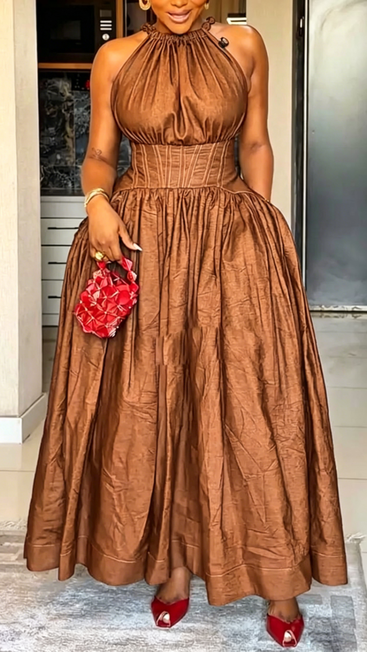 Women Round Neck Sleeveless Waist Cinched Elegant Temperament Dress