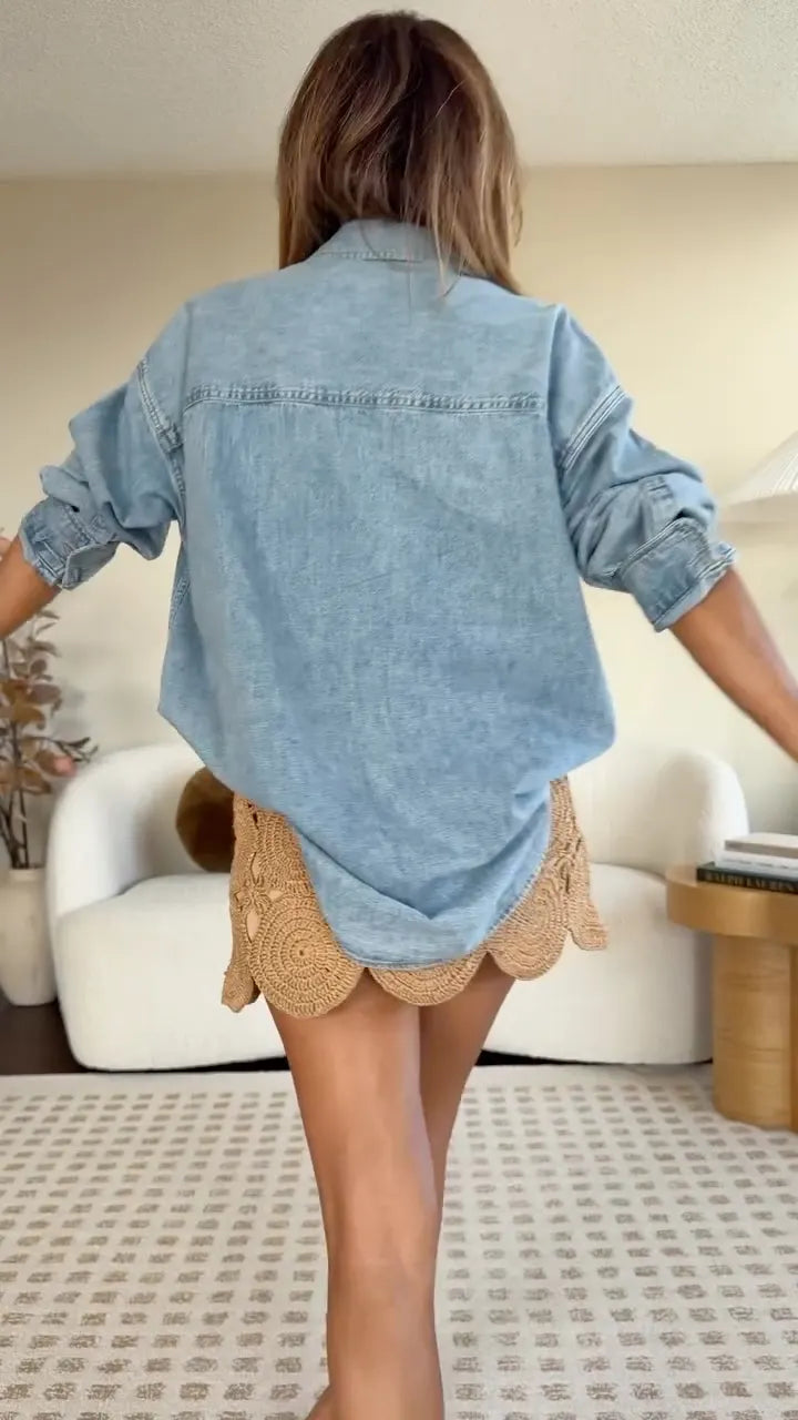 Oversized Denim Shirt + Crochet Mini Skirt Matching Outfit