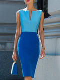 Two-Tone Blue Split-Neck Midi Sheath Dress