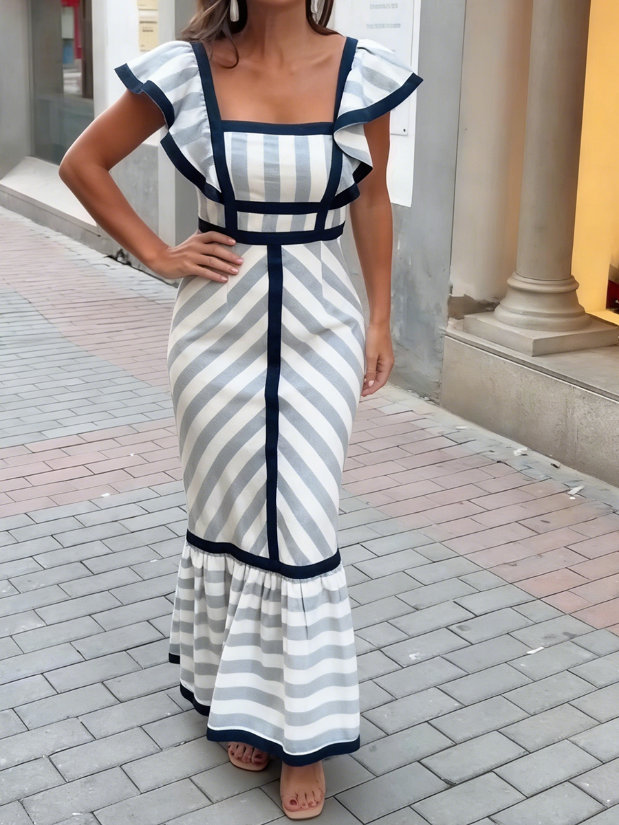 Elegant Striped Contrast Trim Midi Dress