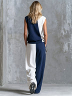 Casual Retro Blue And White Color-blocked Sleeveless Stand-collar Cotton Top And Pants Set