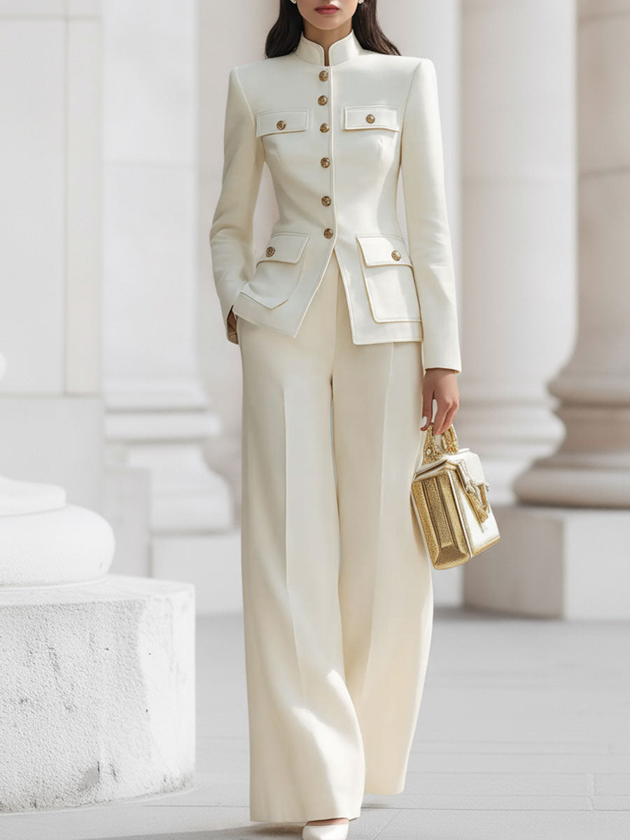 Elegant Cream Military-Inspired Tailored Suit Set With Gold Accents