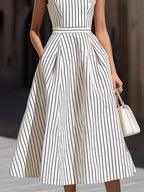 Elegant Pinstripe High Neck Sleeveless Fit & Flare Midi Dress
